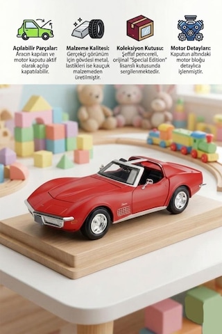Maisto Lisanslı Metal 1970 Corvette 1:24 Ölçekli Kaputu Ve Kapısı Açılabilir Oyuncak Model Araba Kırmızı