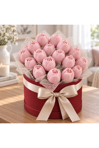 Pembe Lale Mum Buketi Silindir Kutulu