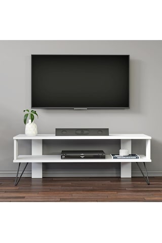 Duama TV Sehpası – Metal Ayaklı, Açık Raflı Tasarım, 120 cm, Beyaz