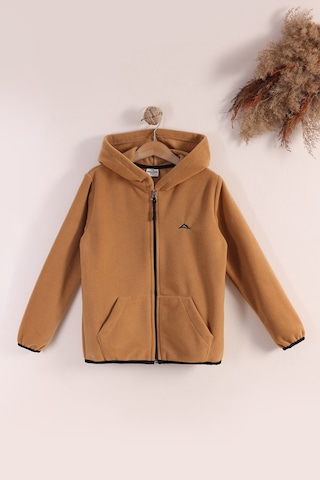 Monox Lastik Manşetli Fermuarlı Kapüşonlu Çocuk Unisex Polar Ceket Camel