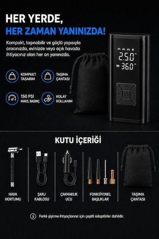 Kablosuz Hava Kompresörü 150 Psı 6000 Mah Dijital Lastik Şişirme Pompası 120w Led Ekranlı Taşınabilir -