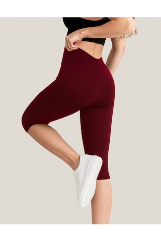 Diz Altı Kapri Tayt Yüksek Bel Likralı Parlak Dalgıç Kumaş, Antrasit Füme Bordo