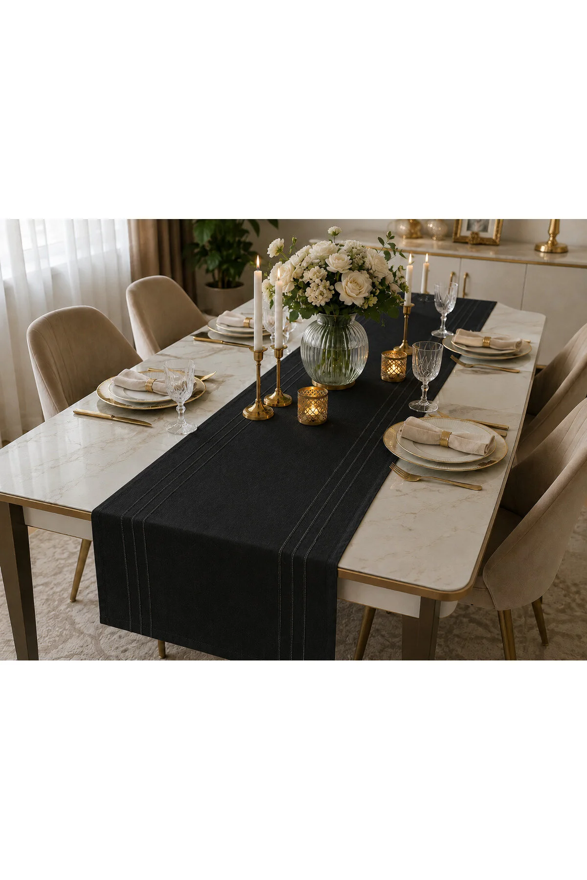 %100 Polyester Dertsiz Leke Tutmaz Şerit Desenli Runner Masa Örtüsü 34x200 Cm Siyah