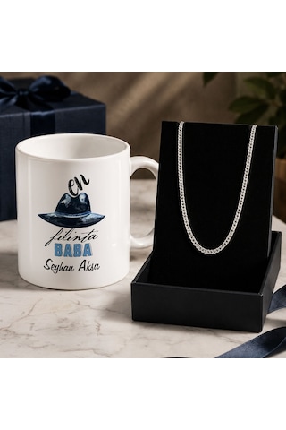 Bk Gift Kişiye Özel Babalar Günü Tasarımlı Beyaz Kupa & Sık Gurmet Zincir Kolye -12, Babalar Günü Hediyesi Gümüş