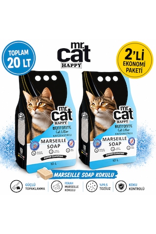 Mr.cat Happy Marseille Soap Kokulu Bentonit Kedi Kumu 10 Lt X 2 Adet Toplam 20 Lt Güçlü Topaklanan %99,5 Tozsuz