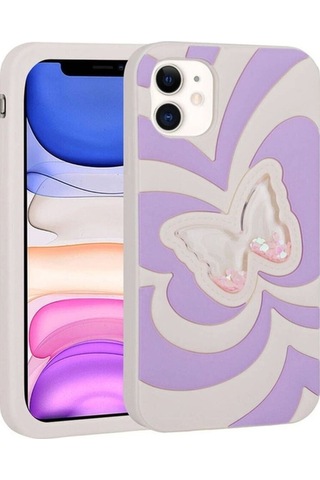 Apple Uyumlu iPhone 11 Kılıf Sıvılı Simli Kelebekli Tasarım Zore Vodena Kapak Lila