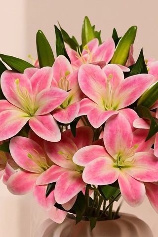 Pembe Yapay Zambak Çiçeği 2 Dallı Premium Canlı Islak Dokulu 45 Cm