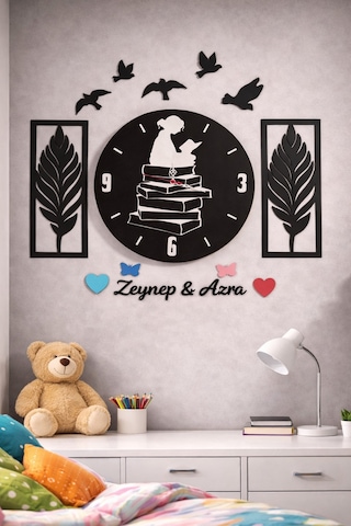 Genç Kız Odası Duvar Saati 40 Cm Kitap Okuyan Kız Temalı Kişiye Özel No 30033 Siyah