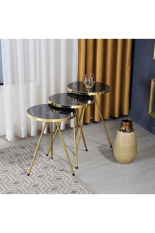 Zigon Sehpa 3'Lü Altın Metal Ayak Bendir Altın