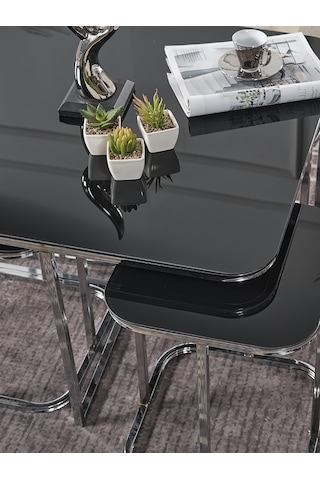 Pelikan 4+1 Siyah Aynalı Temperli Cam Gümüş Metal Ayak Takım Sehpa Sedaş Living Units Sehpa