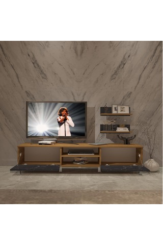 Decoraktiv Eko 4 Mdf Dvd Krom Ayaklı Tv Ünitesi Tv Sehpası Pera - Siyah Mermer