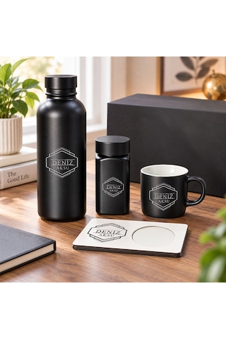 Bk Gift Kişiye Özel İsimli Siyah Cam Suluk & Kahve Fincanı & Türk Kahvesi & Mdf Bardak Altlığı - Hediye Kutulu Siyah Set-3