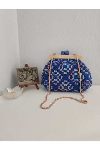 Fikriharika Design Retro, Motifli, Ahşap Burslu, Kadın El Çantası Saks Mavi