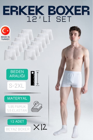 Mercan 12'li Erkek Beyaz Boxer - Gün Boyu Nefes Alan Kumaş, Esneklik