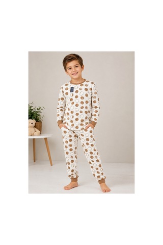Uğur Bebe Mini World %100 Pamuk Erkek Çocuk Pijama Takımı Camel Renk Big Smile Desenli Sıfır Yaka Yumuşak Dokulu 2'li Set Camel Camel