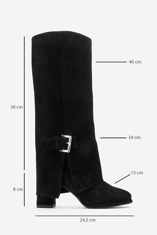 Luvishoes Lojo Siyah Süet Hakiki Deri Tokalı Kadın Kalın Topuklu Çizme Siyah Süet