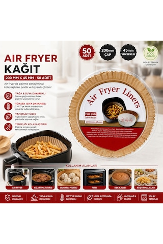 Air Fryer İçin Yuvarlak Kağıt Pişirme Kalıbı 20 Cm Taban, 4.5 Cm Kenar 50'li