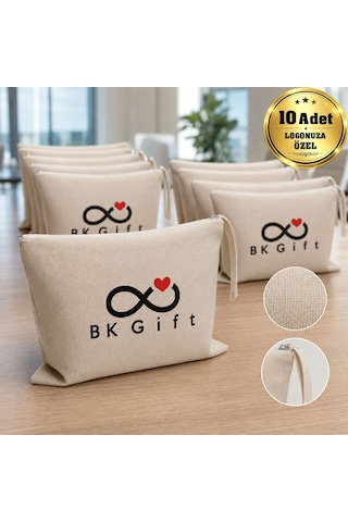 Bk Gift Logonuza Özel 10 Adet Kırık Beyaz Fermuarlı Keten El Cüzdanı 20 X 25 Cm Baskılı Set Bej