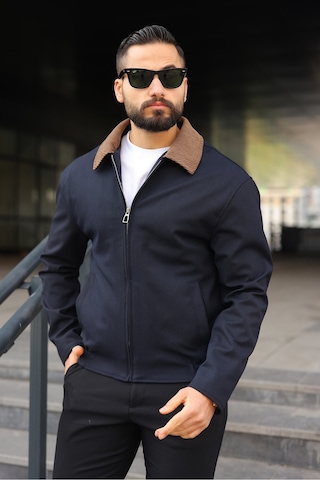 Kadife Yakalı Trucker Model Ceket Lacivert