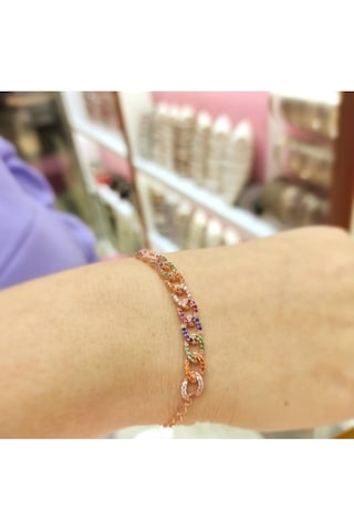 Oriental Kuyumculuk Jewellery Örgü Rose Renkli Taşlı Gümüş Bileklik Pembe