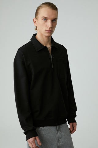 Grımelange Shıftd Erkek Bisiklet Yaka Uzun Kollu Fermuarlı Siyah Sweatshirt Siyah