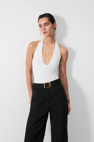 Vatkalı Derin V Yaka Bodysuit-16648 Ekru