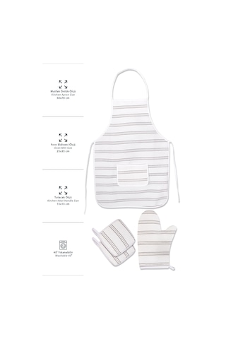 Morlay İnce Çizgili Mutfak Önlüğü Fırın Eldiveni ve Tutacak Takımı Mutfak Çeyiz Seti 4'lü Beyaz - Gri