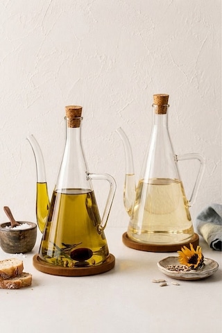 4 Parça Akasya Altlıklı Borosilikat Yağlık Sirkelik Seti 500 Ml Sızdırmaz Yağdanlık Seti Şeffaf