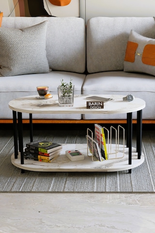 Modern Oval Orta Sehpa Çift Katlı Metal Ayaklı Salon, Ofis, Dekoratif Sehpa, Kahve Sehpası Beyaz Mermer