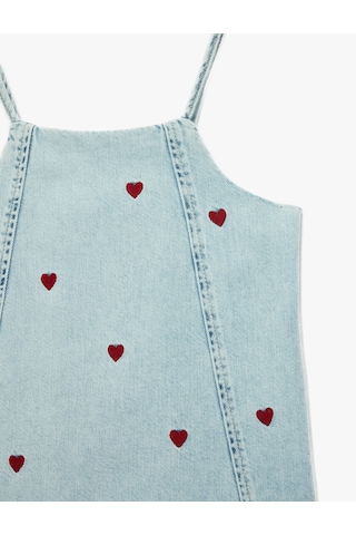Koton Kare Yaka Kalp Desenli Askılı Denim Jile Elbise Lıght Indıgo 6smg80003ad Açık Mavi