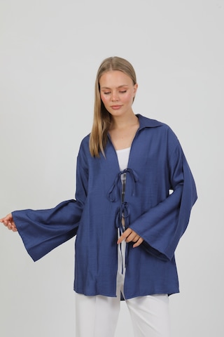 Doğal Viskon Kumaş Cepli Bağcıklı Kadın Kimono 1167 Hafif, Dökümlü, Akışkan, Yazlık Model İndigo