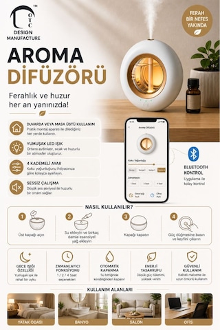 Ultrasonik Hava Nemlendirici Aroma Difüzör 120ml Usb Ve Pilli Çalışan Uygulama Kontrolü Zaman Ayarlı Beyaz