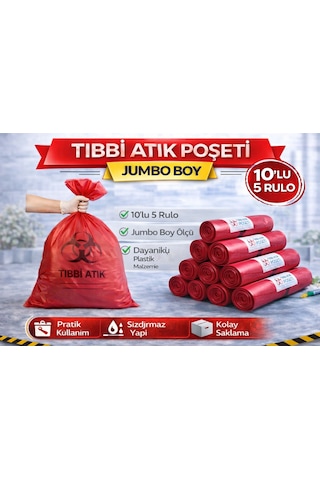 Tıbbi Atık Poşeti Boy 10'lu 5 Rulo Kırmızı Tıbbi Atık Atık Poşeti Seti