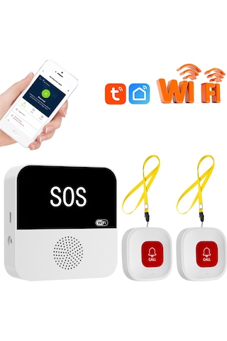 Hangfox Yaşlılar İçin Tuya Sos Acil Çağrı Sistemi - 1 Alıcı + 2 Buton, Wifi Uyarı, Sesli İpucu, Akıllı Hayat App Uyumlu 2.4ghz Wi-fi