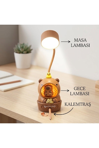 Sevimli Capybara Figürlü 3'ü 1 Arada Led Masa & Gece Lambası + Kalemtıraş Açık Kahverengi
