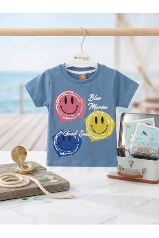 Aby Kids %100 Pamuklu Erkek Çocuk Smiley Baskılı Şortlu Takım - Mavi/gr açık mavi