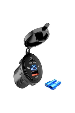 Usb Şarj Soket Type C-qc3.0 12-24v Yuvarlak Voltmetre'li Mavi