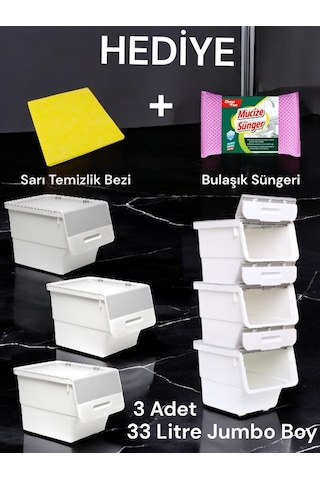 Technow Motek 33 Litre Beyaz Gri Tekerlekli 3 33 Lt 3'lü Set Organizer + Temizlik Seti Gri - Beyaz