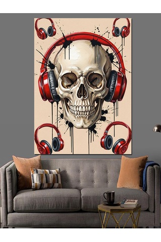 Ahşap Tablo Kulaklıklı Kafatası Müzik Aşkı
