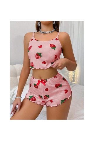 Selveta Kadın Penye İp Askılı Şortlu İnce Çilek Desen Gecelik Pijama Takımı Çok Renkli