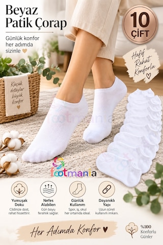 Footmania Kadın 10 Çift Beyaz Patik Çorap Seti Pamuklu