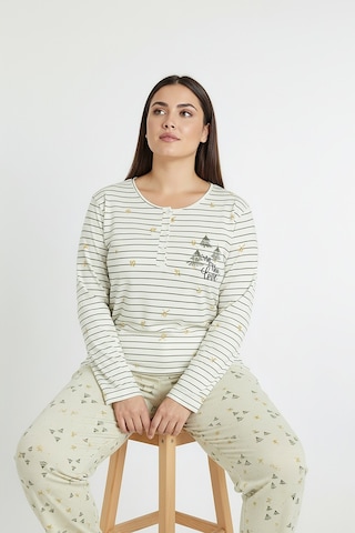 Bravie Üstü Yatay Çizgili Altı Desenli Elite Viscose Uzun Büyük Beden Pijama Takımı Beyaz 3590 Beyaz