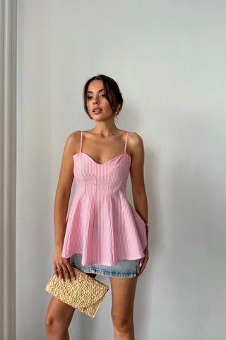 Çizgili Gofre Askılı Pens Detaylı Bluz - Pembe Pembe