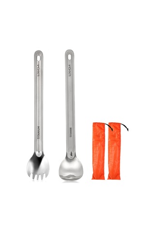 Lixada Ultralight Titanyum Uzun Saplı Kaşık Ve Spork Çatal Seti Taşınabilir Açık Yemek Kaşığı Gri