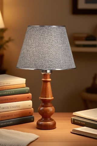 Ahşap Gövdeli Kumaş Başlıklı Dekoratif Abajur Masa Lambası Aydınlatma Lamba Gri