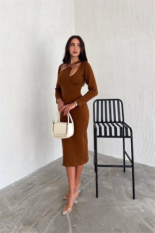 Dip Moda Kadın Likralı Midi Boy Triko Elbise Dpnbk2219 Taba