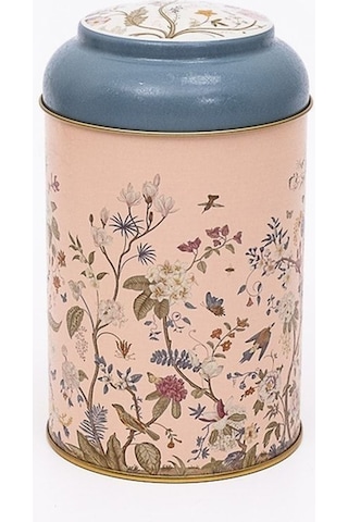 Flora Pink Desenli Yuvarlak Metal Saklama Kabı, 10,5 X 15 Cm, 1,1 Lt Desenli
