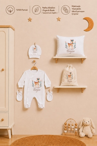 Pia Baby Kız Bebek Hastane Çıkışı İsimli Tulum Takımı Yastık Kılıfı Şapka Eldiven Kıyafet Kesesi Bebek Hediyesi 2036ytkyx Krem