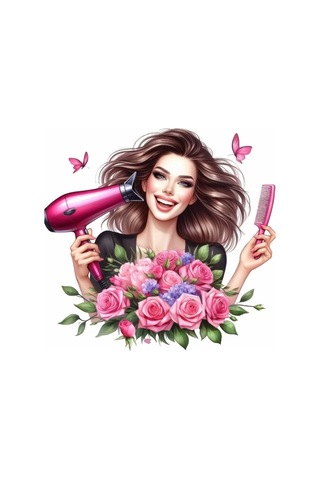 Pembe Güllü Ve Kelebekli Kuaför Kız Duvar Stickerı Renkli