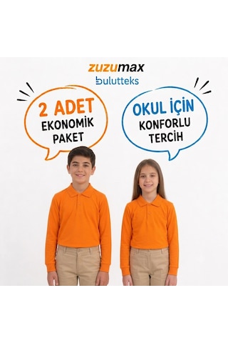 Bulutteks Okullu 2adet Polo Yaka Turuncu Uzunkol Okul Tişört Kıyafetleri Üniforması Çocuk Genç